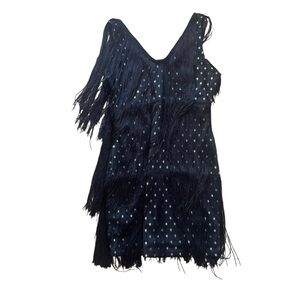 Elegant Black Dress with Fringe and Sparkle Dots